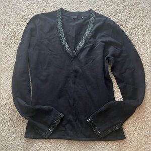 Black V-Neck Sweater with Beaded Trim